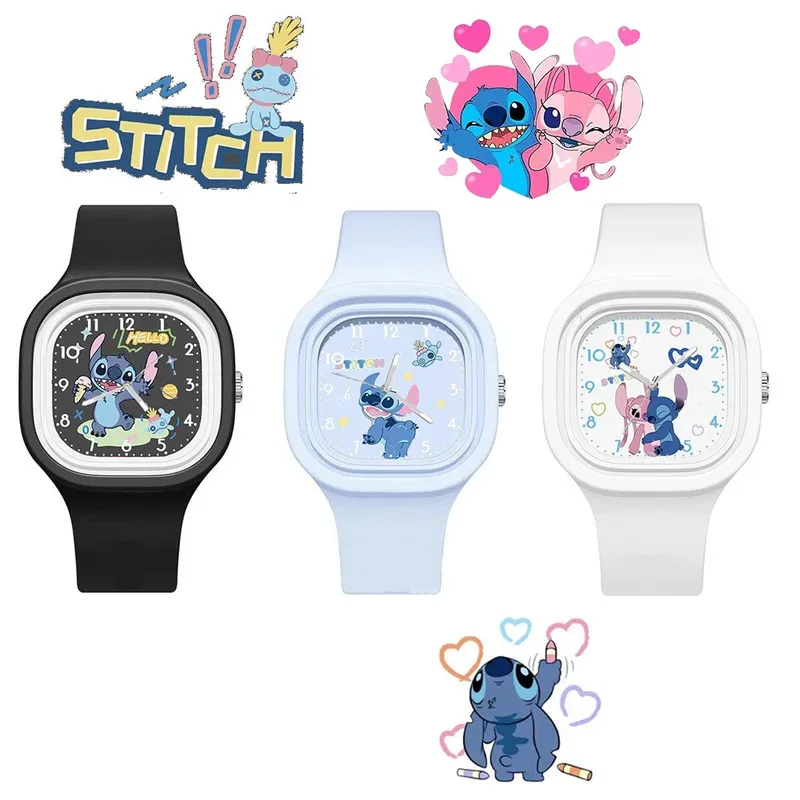 New Disney Stitch Cartoon Children'S Watch For Boys And Girls, Square Silicone Strap, Quartz Wrist Watch, Birthday Gift