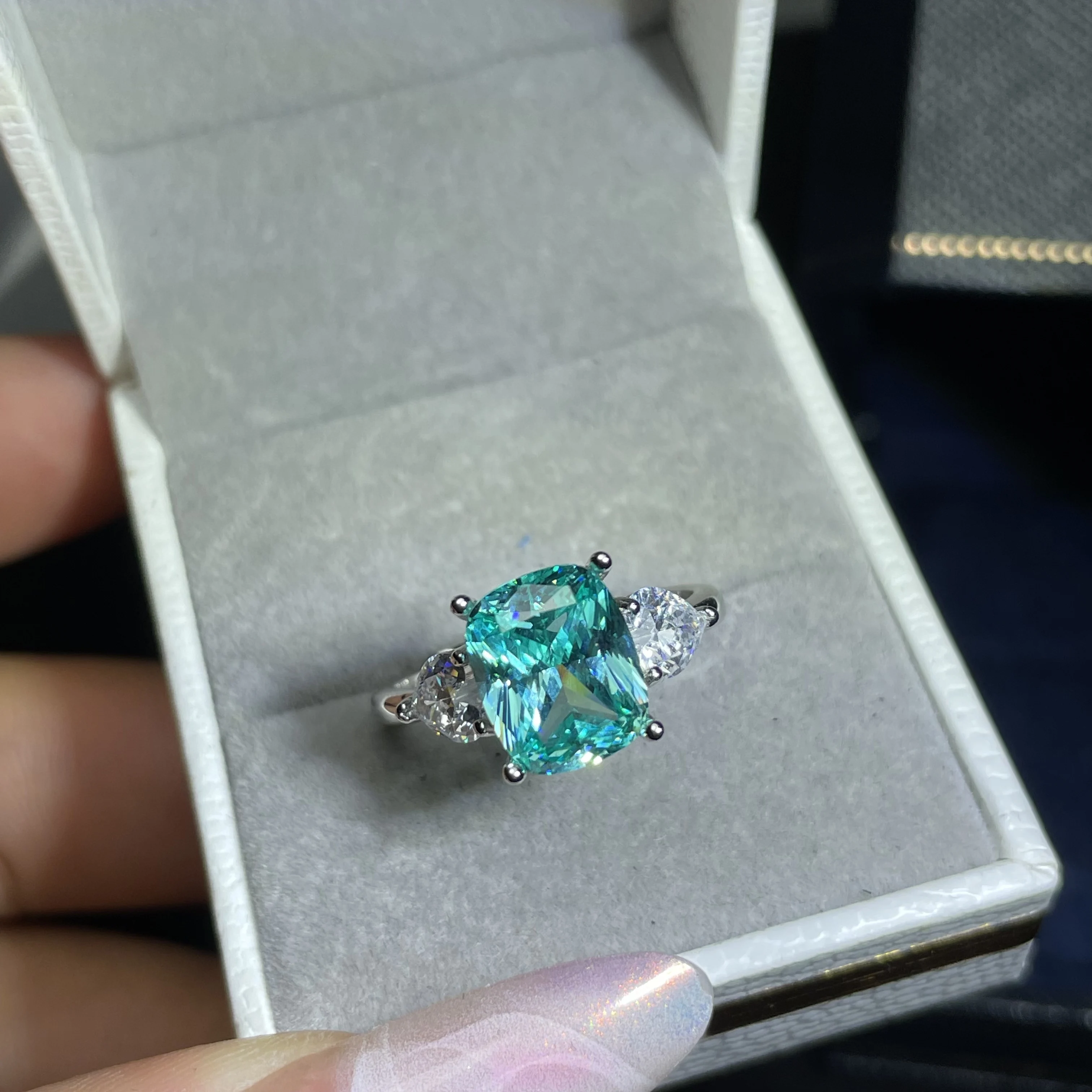 Natural Paraiba pure silver diamond ring - High-end, niche, light luxury women's ring, Valentine's Day gift