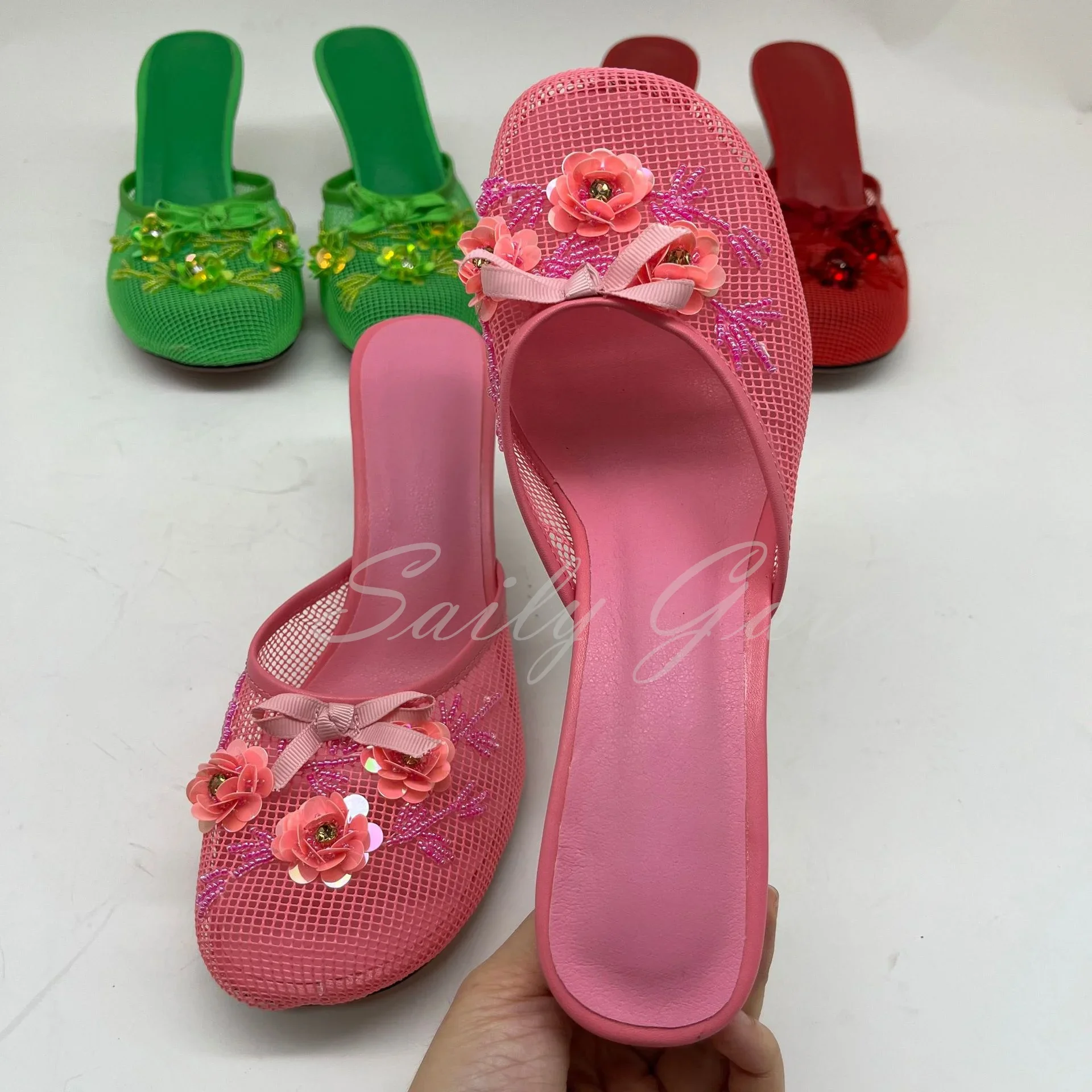 Pink Mesh Sequin Slide Beaded Chinese Slippers Floral Embellished Shoes Summer Round Toe Wine Glass Heel Black Low Heel Mules