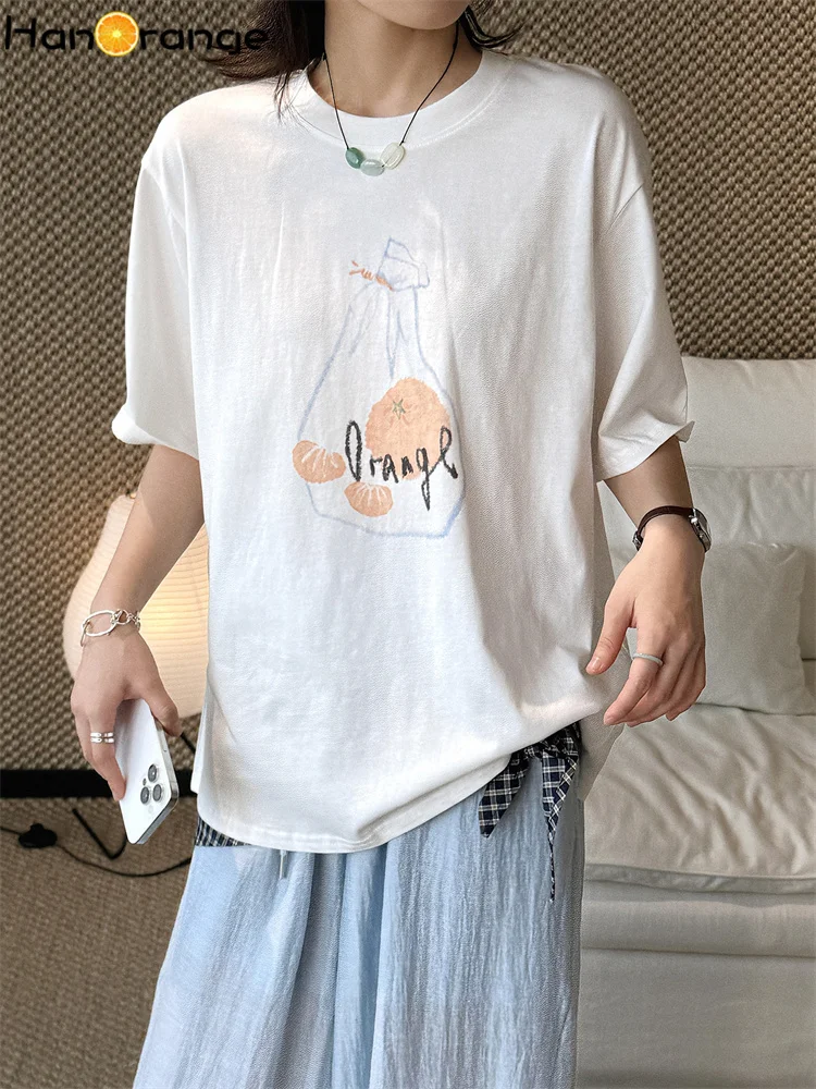 HanOrange 2026 Summer O-neck Orange Hand-painted Printed T-shirt Women Short Sleeve Tees White