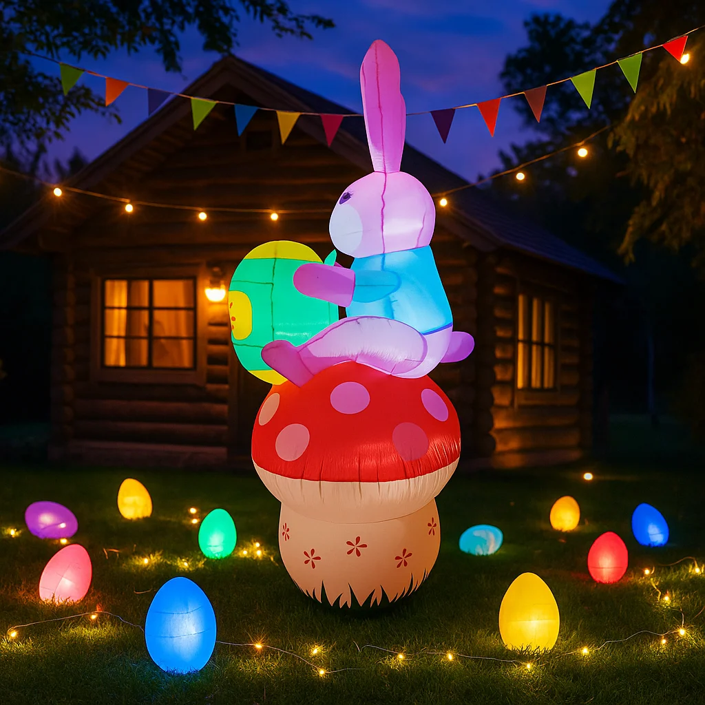 2.1m/7FT Easter Party Decorations Rabbit Sit on Mushroom Inflatable Built in LED Lights Indoor Outdoor Courtyard Props Ornament