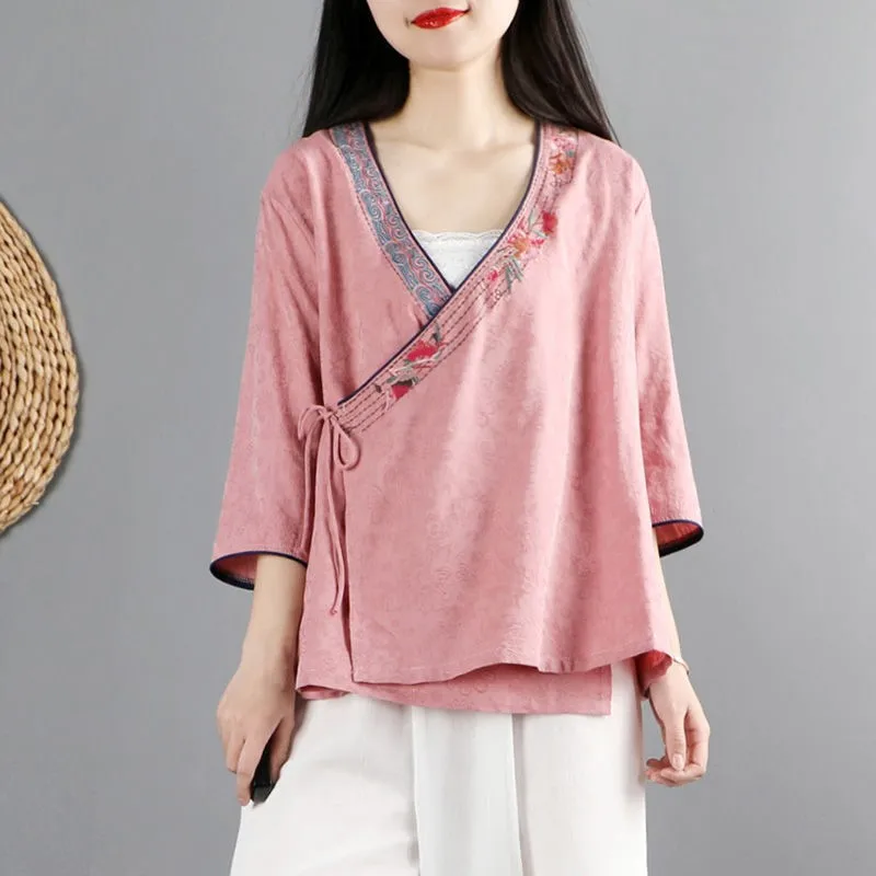 

2023 New Pregnant Women's Chinese Style Retro Cotton and Hemp Top 7/4 Sleeve Tea Shirt Chinese Hanfu Maternity Top 1PCS LF093