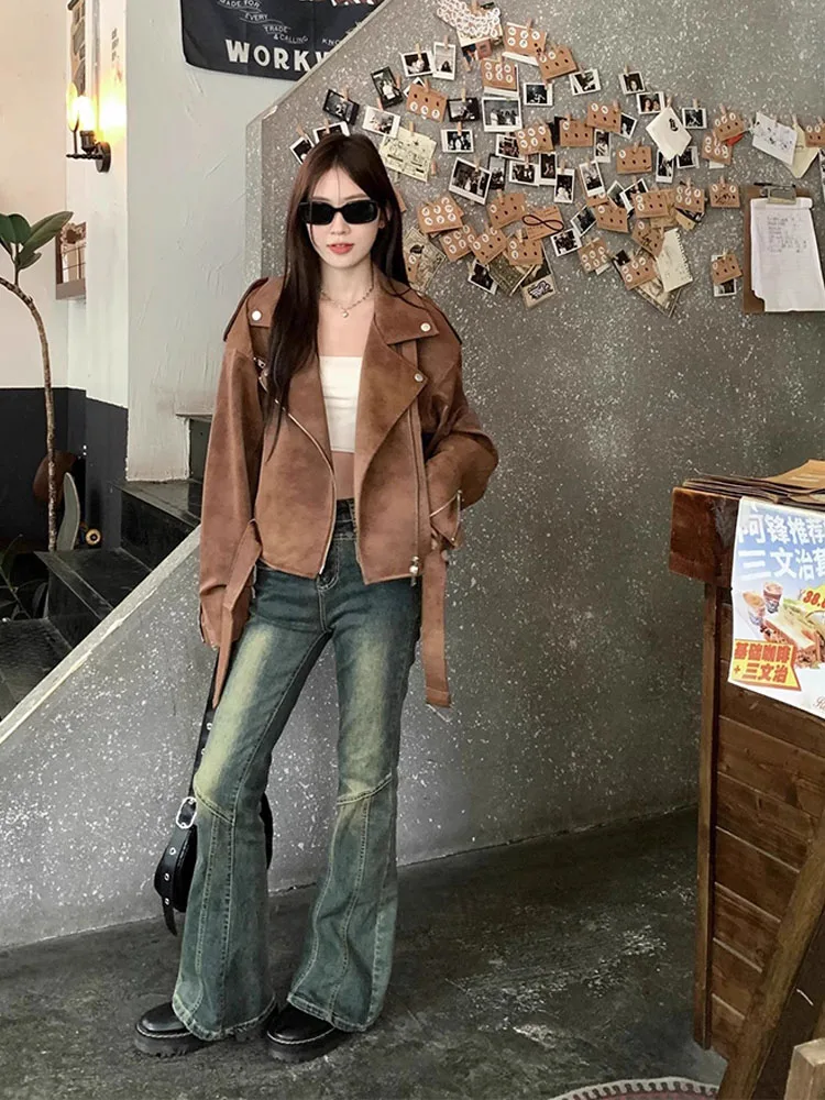 Chaqueta de ante sintético de gran tamaño para mujer, abrigo de manga larga con solapa y cremallera, prendas de vestir marrones Vintage, ropa de calle de moda para señora nueva 2025