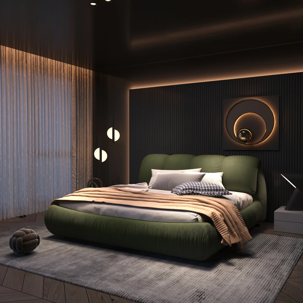 

King Size Luxury Upholstered Platform Bed: Oversized Padded Backrest, Solid Wood Frame, Fits Multi Mattress Heights, Green (Old