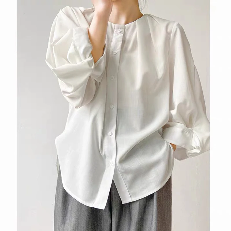 

QOERLIN Long Sleeve Bubble Sleeve Cotton Linen White Shirt Spring Summer Women Button Up Loose Elegant Blouse Tops Office Ladies