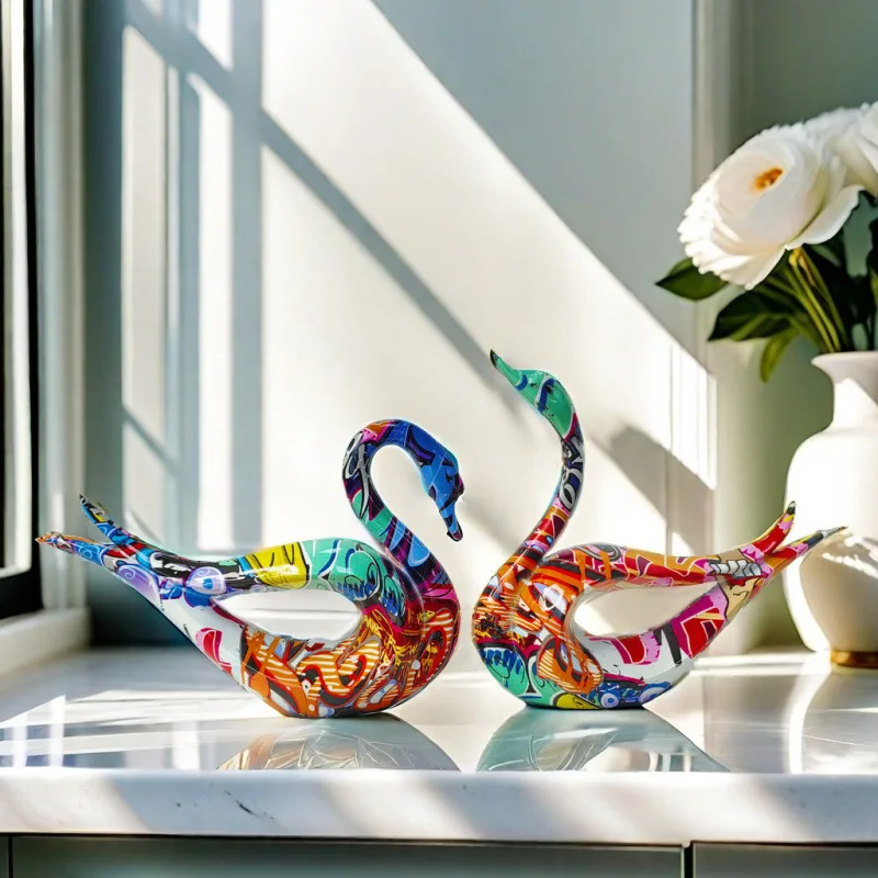 

Creative graffiti multicolor resin animal statue ornaments room decorations colorful resin gift crafts water transfer swan