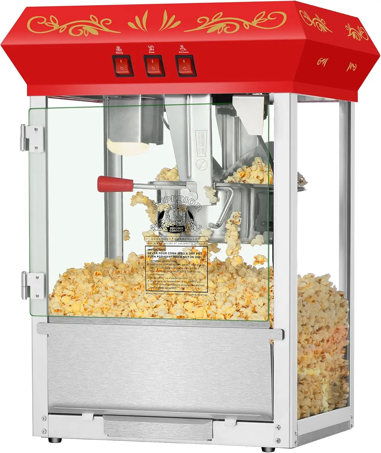 Night Popcorn Machine - 3-Gallon Antique Popper with Cart, 8oz Kettle, Old Maids Drawer, Warming Tray, and Scoop by Great Northe