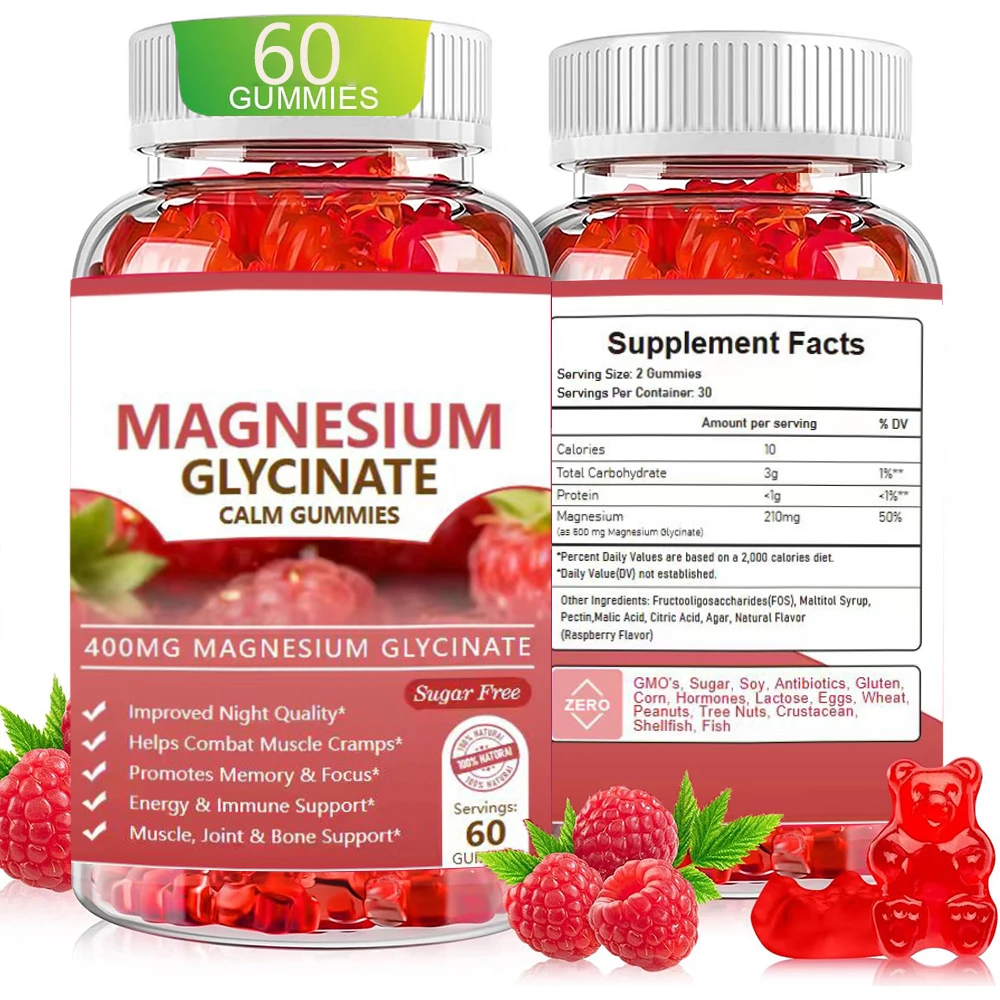 Magnesium Glycinate Gummies, Stress Relief Gummies, Sugar Free Magnesium Supplement for Calm Support & Sleep, Raspberry Flavored