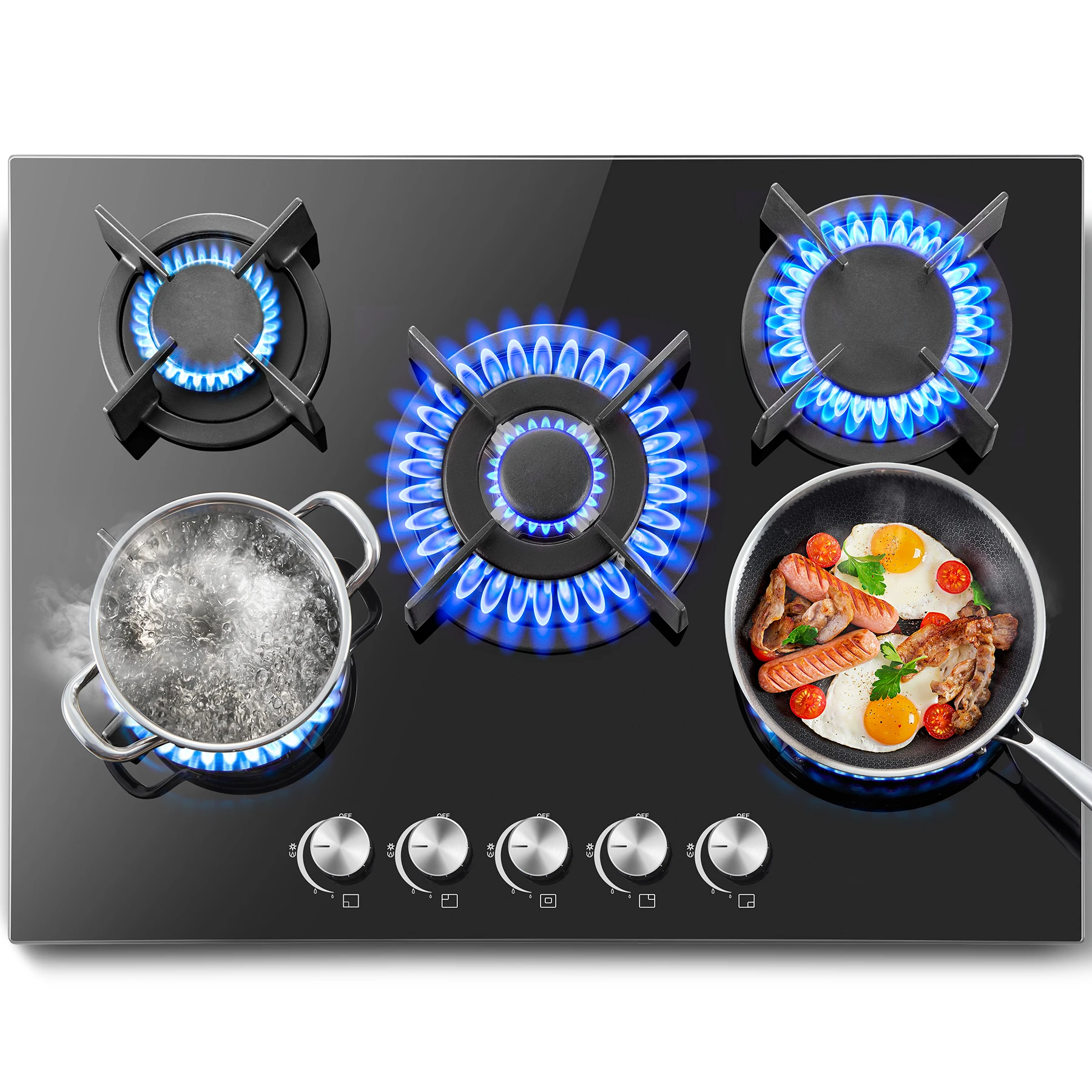 5 Burners 70 cm Glass with Automatic Flame Protection, Natural Gas Propane Gas, Built-in Gas Hob