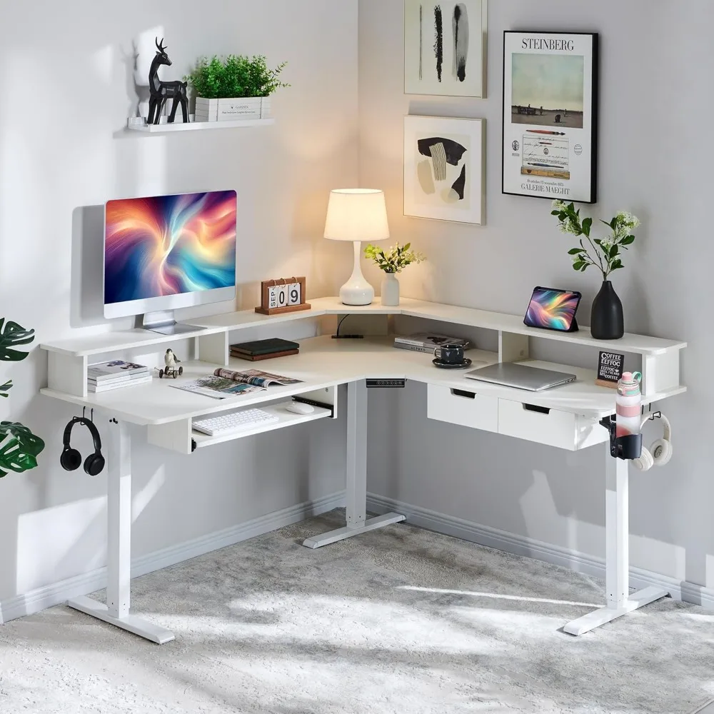 

L Shaped Electric Standing Desk, 60 inches Motor Height Adjustable Sit Stand Corner Desk with Led, Large Home Office