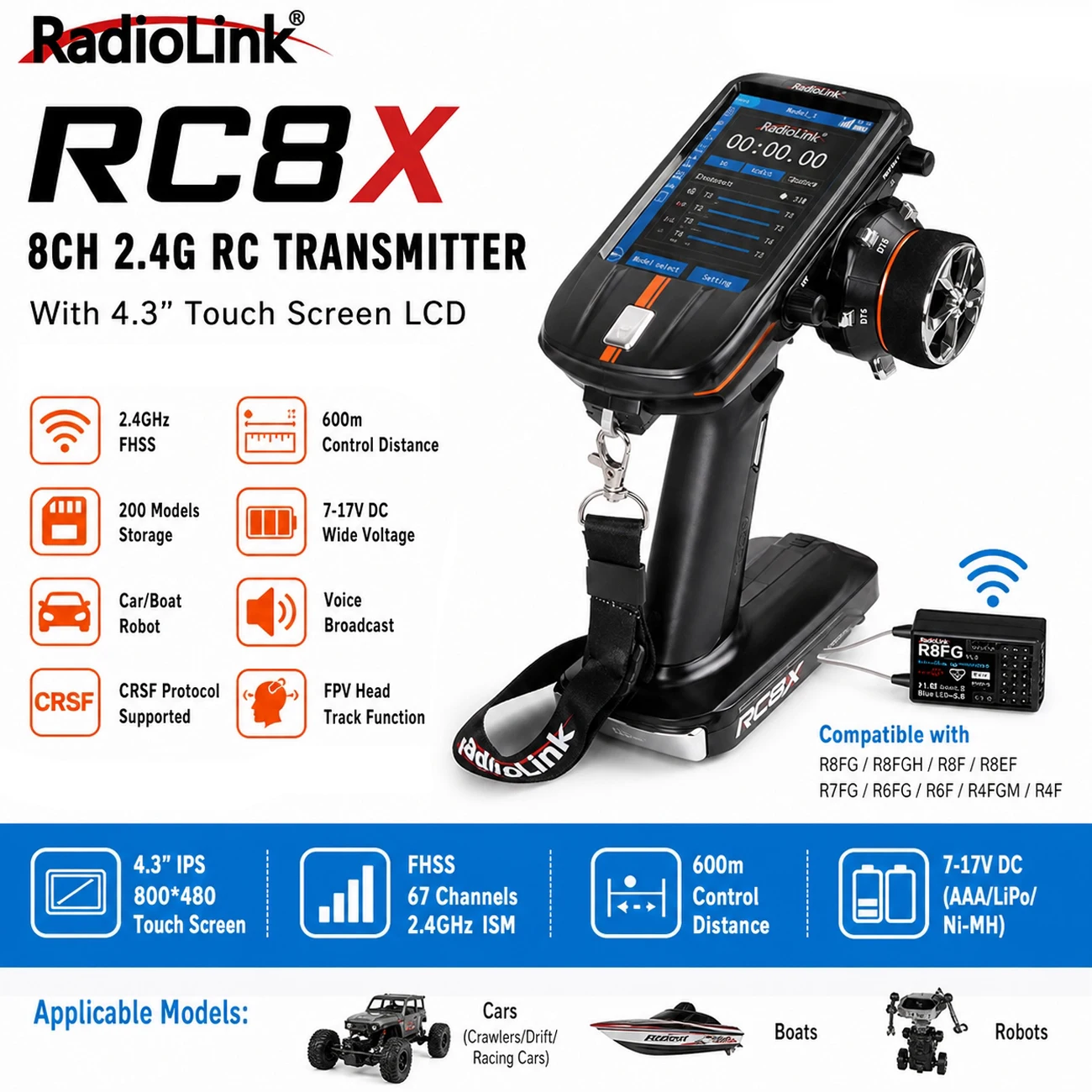  Radiolink RC8X 2.4G 8CH RC Transmitter with 4.3'' Touch Screen LCD Compatible R8FG & R4FGM Gyro Receiver for Model RC Car Boat
