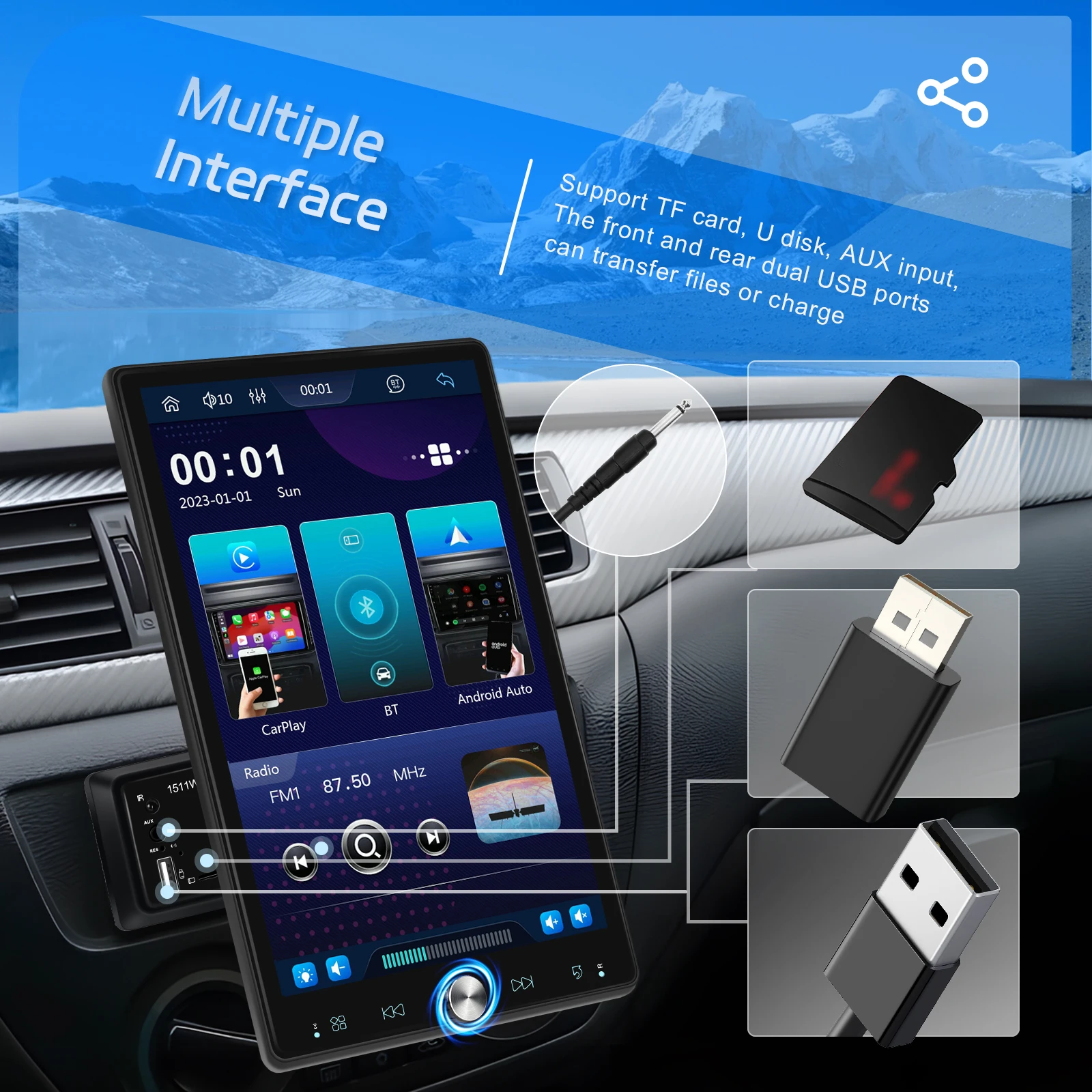Podofo 10,4'' Manuell Schwenkbares 1DIN Autoradio Kabelloses Carplay Android Auto Multimedia-Player Spiegelverbindung BT FM/RDS Radio EQ – Detail 12