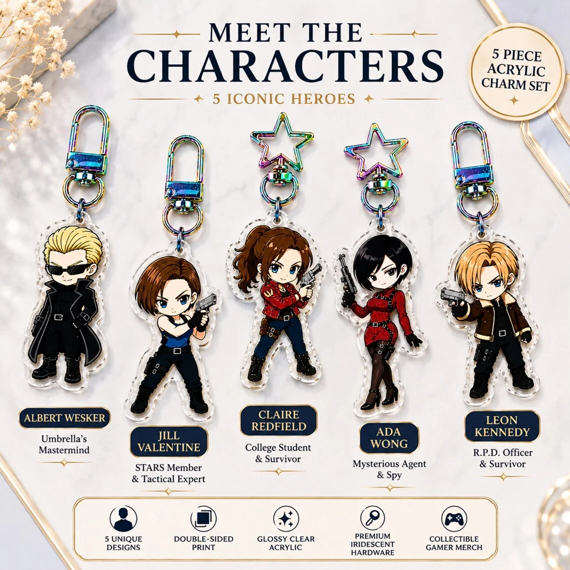 Resident Evil Keychain, Acrylic Double sided Design Pendant, Survival Horror Game Collectibles