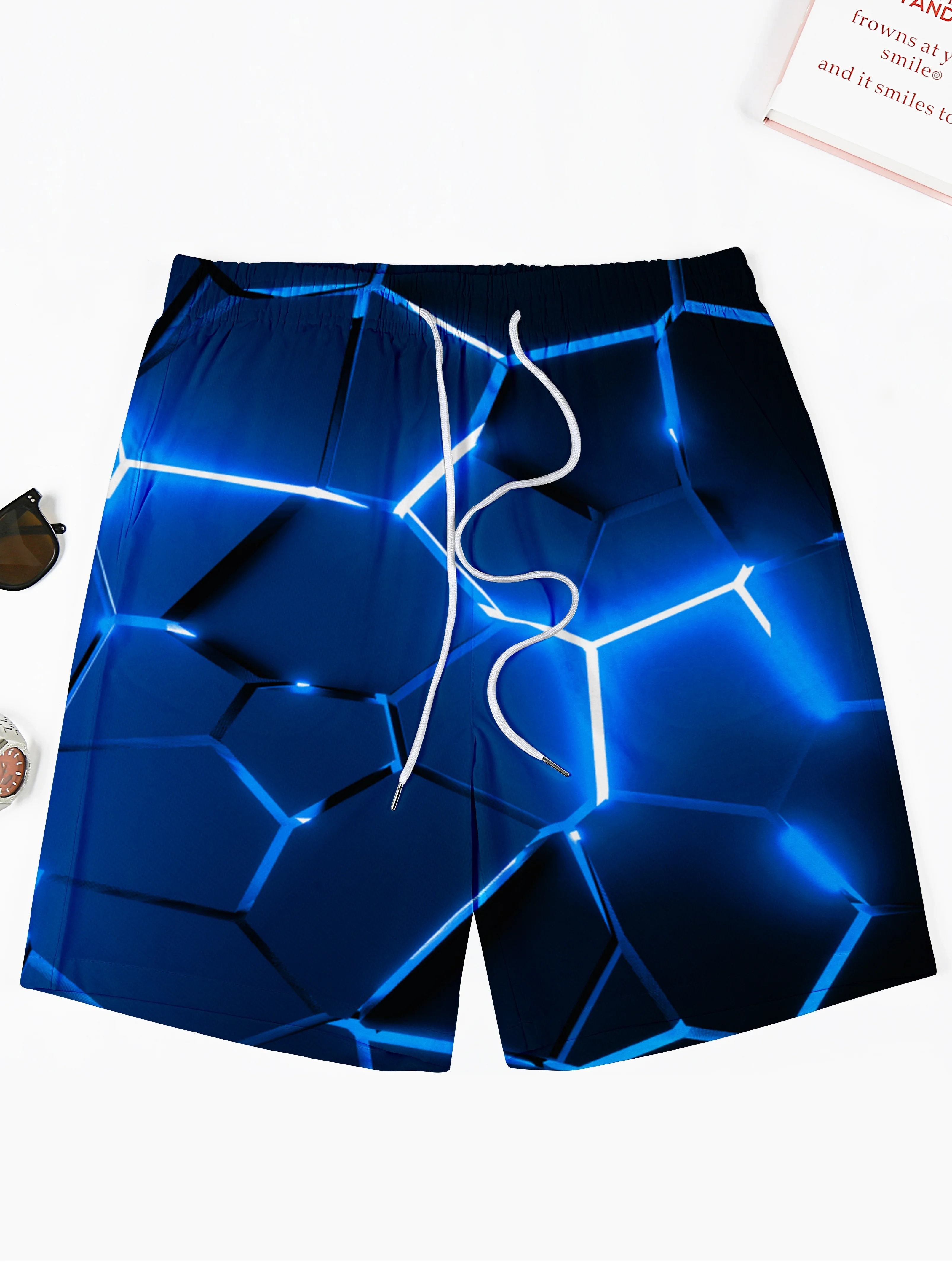 Swim Trunk Quick Dry - Men's Blue Neon Hexagon Print Beach