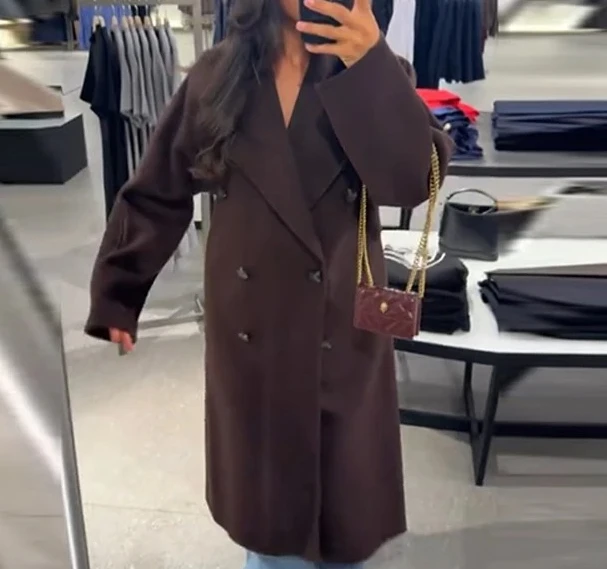 

Осень-зима 2025 г., женская уличная одежда, элегантное однотонное длинное пальто с лацканами, женская свободная двубортная верхняя одежда с длинными рукавами