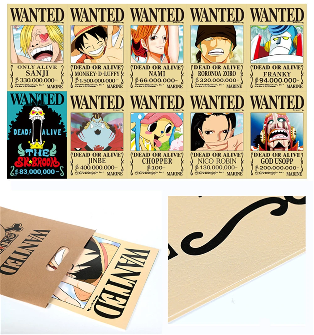 Anime One Piece Wanted Poster Luffy Sanji Nami Robin Jinbe Usoop Brook Franky Chopper Zoro Posters Figures Boys Room Decoration