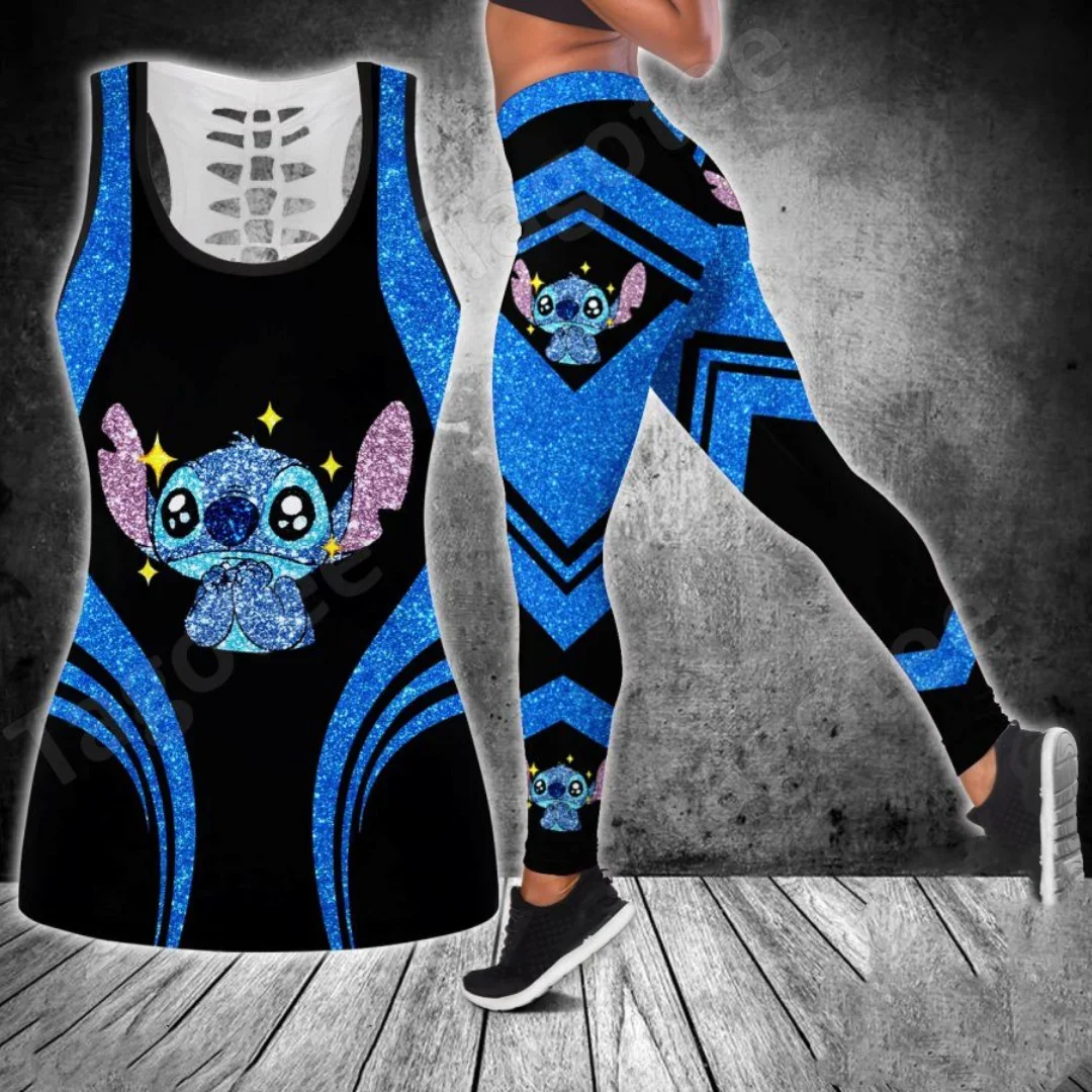 New Disney Stitch Women's Hollow Tanktop Leggings Yoga Set Summer Fitness Leggings Tracksuit Disney Cutout Tank Top Leggings Set