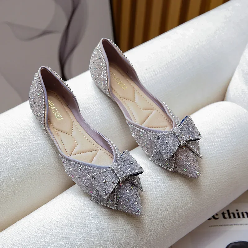 

Size 34-43 Spring Autumn Womens Flat Single Shoes 2024 Europe and America Elegant Crystal Pointed Toe Shallow Mouth Ladies Shoes