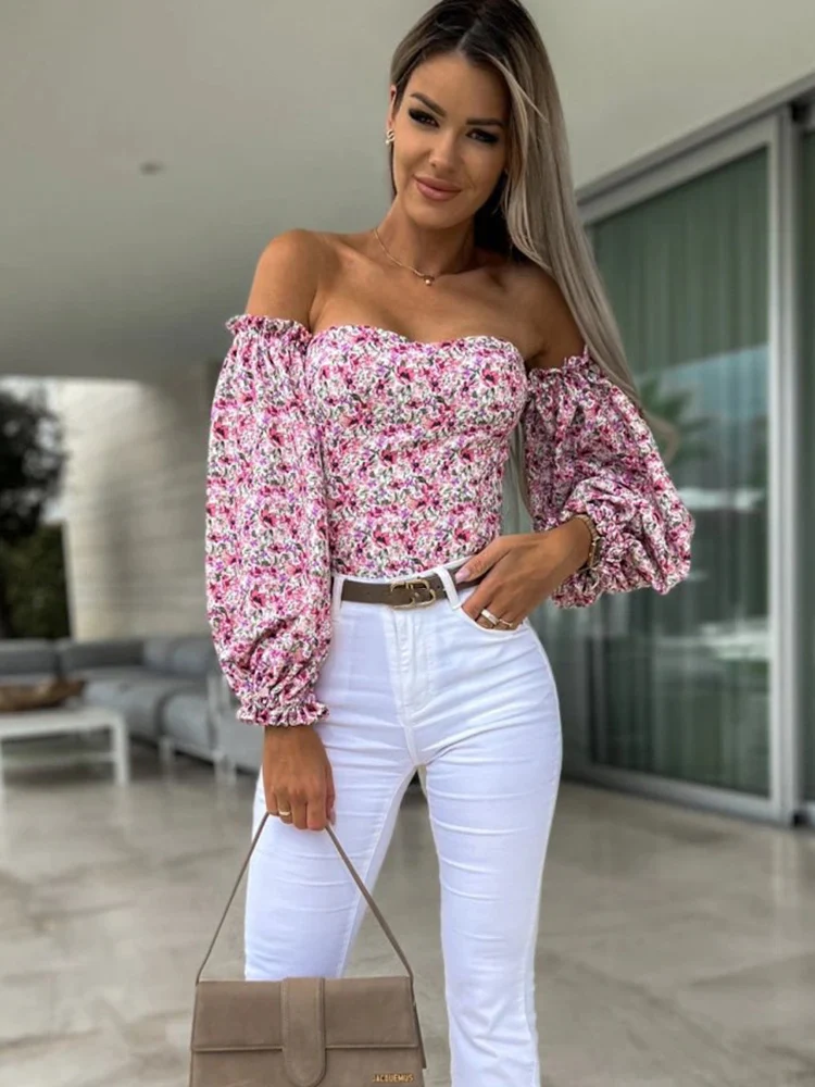 Sexy Floral Print Crop Top Women Spring Summer Youth Backless Off Shoulder Long Sleeve Blouses Fashion White Shirt 2023 New