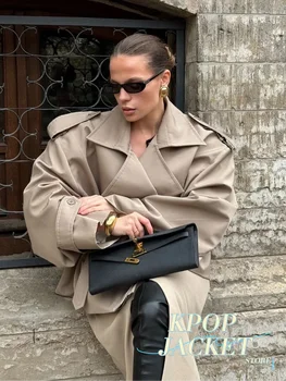 Elegant Lace Up Solid Overcoat Women Chiclapel Collar Button Full Sleeve Loose Coat Autumn Female Street New Oversize Outerwear 5 Elegant Lace Up Solid Overcoat Women Chiclapel Collar Button Full Sleeve Loose Coat Autumn Female Street New Oversize Outerwear 5