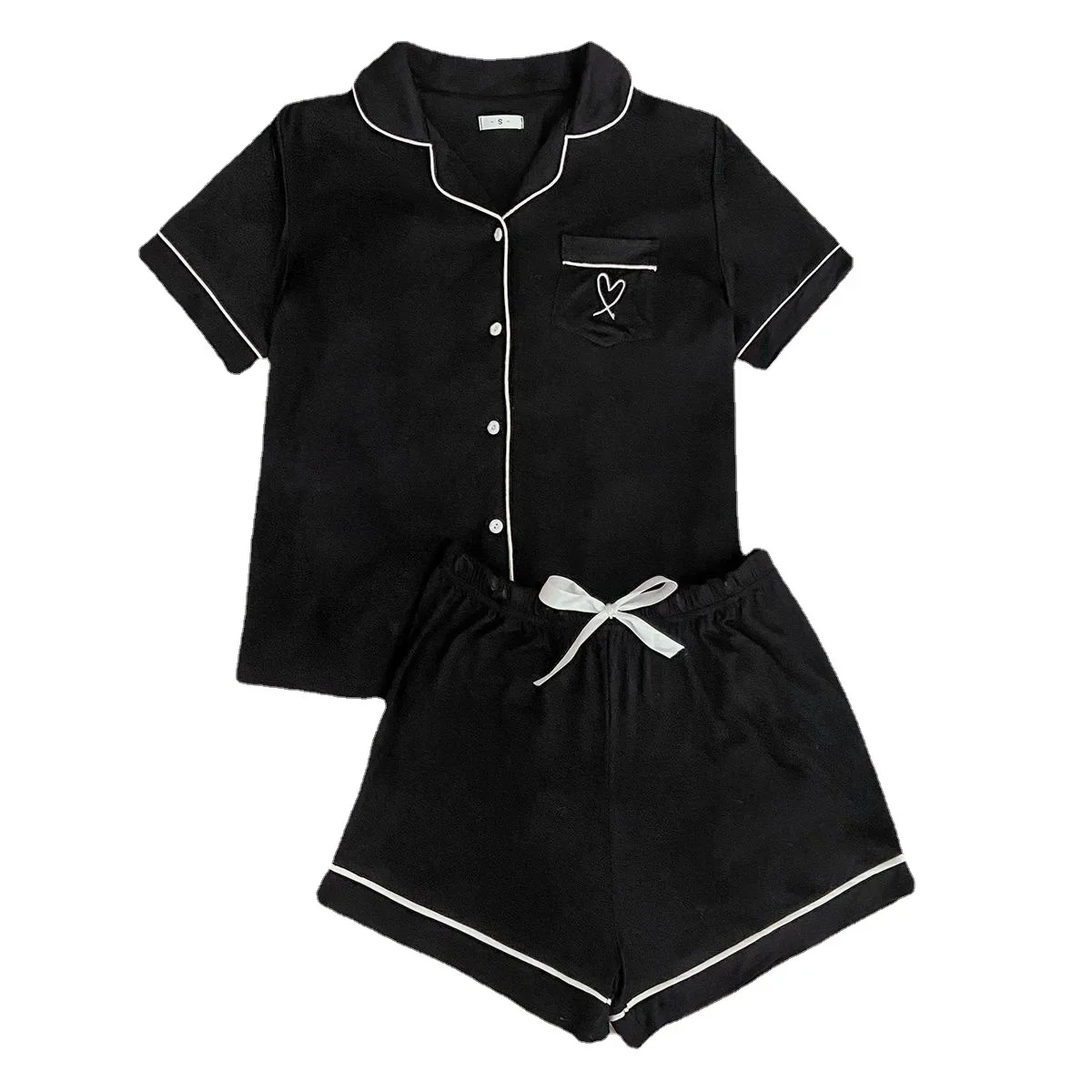 Summer Female Pajamas Home Clothes Set Black Short Sleeve Shorts Pijamas Suit Women Loose Nightshirt Loungewear