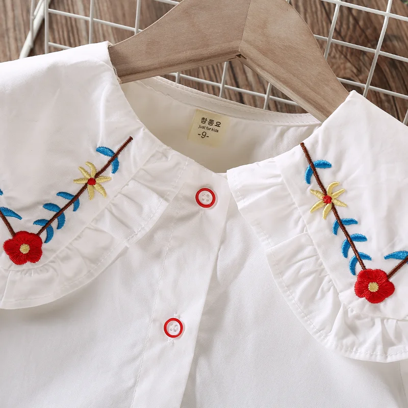 Baby Girls Shirts Toddler Girls White Blouses Kids Clothes Long Sleeve Cotton School Uniform Print Tops  2 3 4 5 6 7 8 Years