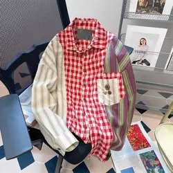 Women Clothes Vintage Plaid Patchwork Striped Blouse Autumn Loose Trend All-match Turn-down Collar Long Sleeve Pocket Shirts