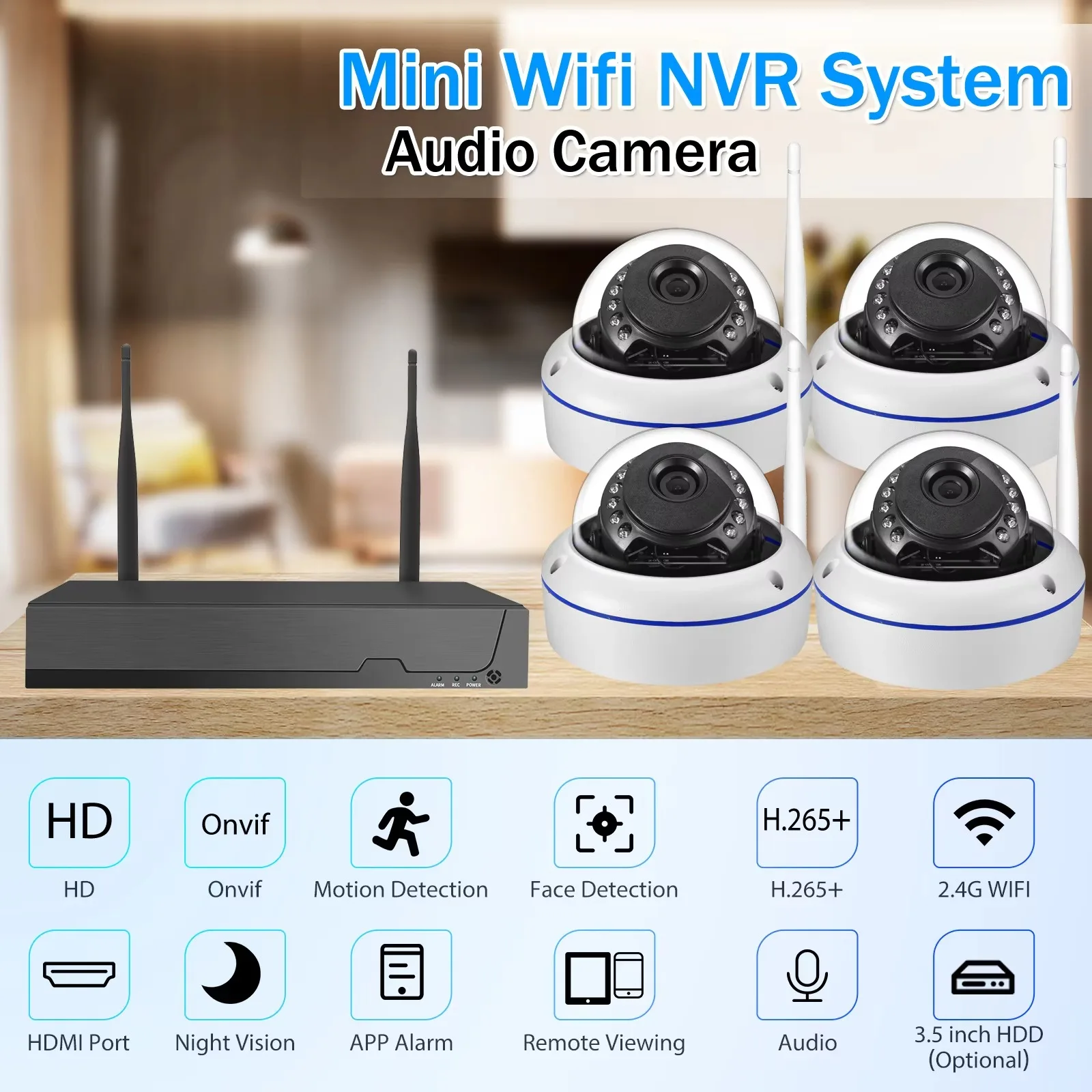 Gadinan Outdoors Dome Wifi Surveillance Camera System IR Night Vision Wireless Video Surveillance Kit Face Detect CCTV Audio NVR