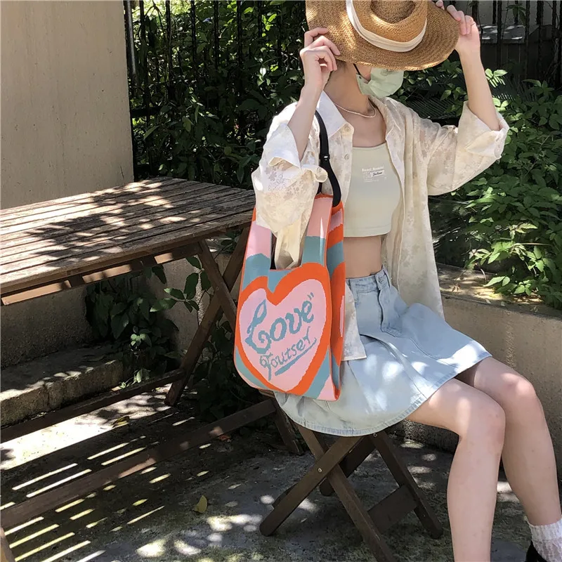 love letter Print Crochet Shopper Bag Knitting Hollow Out Shoulder Beach Bag Casual Laziness-Style Handbag Women Shopping Bags