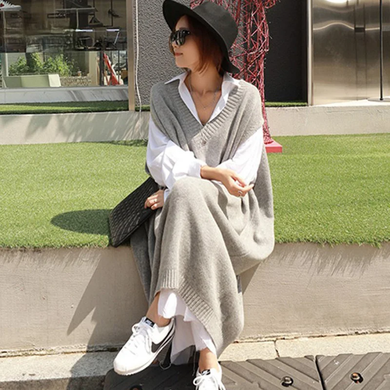 Vintage Casual Winter Oversize Thick Straight Sleeveless Sweater Dress Women Knitted Long Dress Female Knitted Vest Dresses 2023