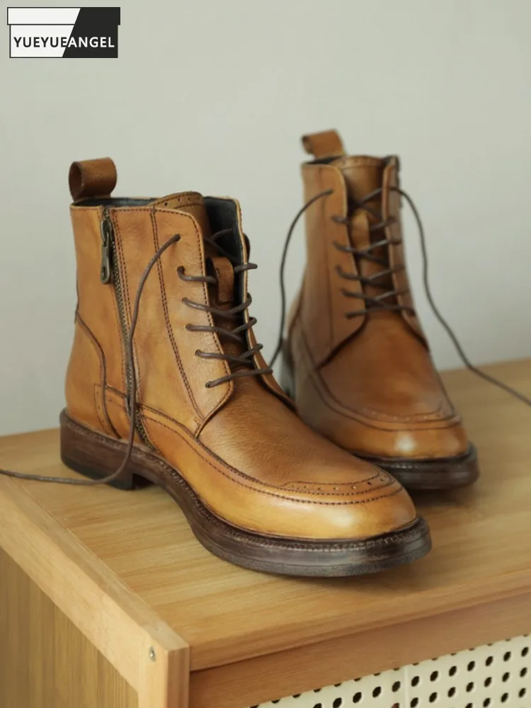 

Новые мужские удобные ботильоны из натуральной кожи в стиле ретро, модные однотонные высокие туфли ручной работы на платформе с круглым носком