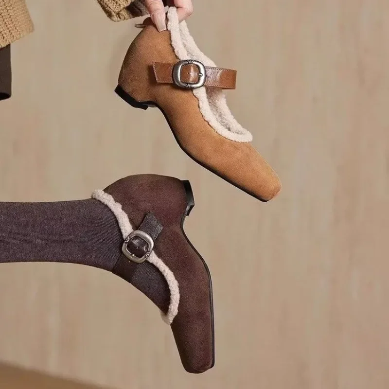 

Simple Lace-Up Mary Jane Shoes Women's Vintage Gentle Heightened Square Toe Plus Fleece Ballet Single