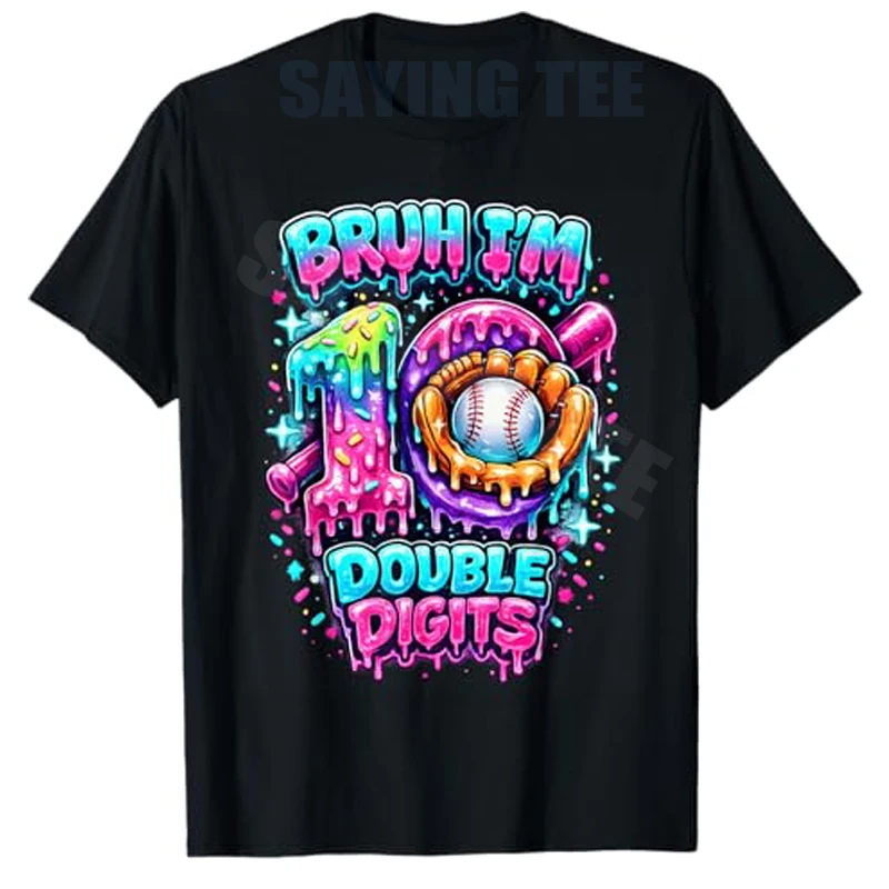 Bruh I'm Double Digits 10th Birthday Boy Baseball Ice Cream T-Shirt Y2k Boys Fashion 10 Years Old Sporty Graphic Saying Tee Gift