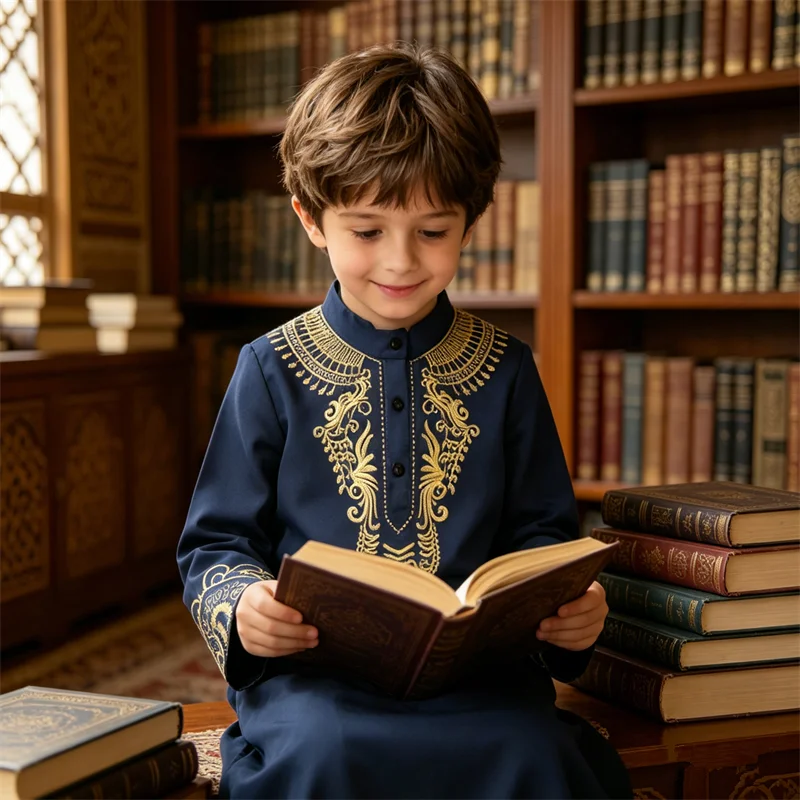 

Islam Kids Long Sleeve Robe Ramadan Abaya Muslim Kaftan Eid Turkey Children Clothing Arabia Boys Jubba Thobe Middle East Dress