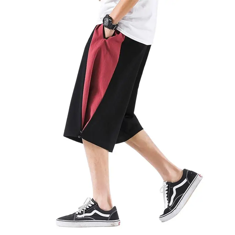 

M-8XL Large Size Wide Leg Pants Men's Elastic Waist Patchwork Calf-Length Trousers Mens Summer Loose Button Casual Pants Hip Hop