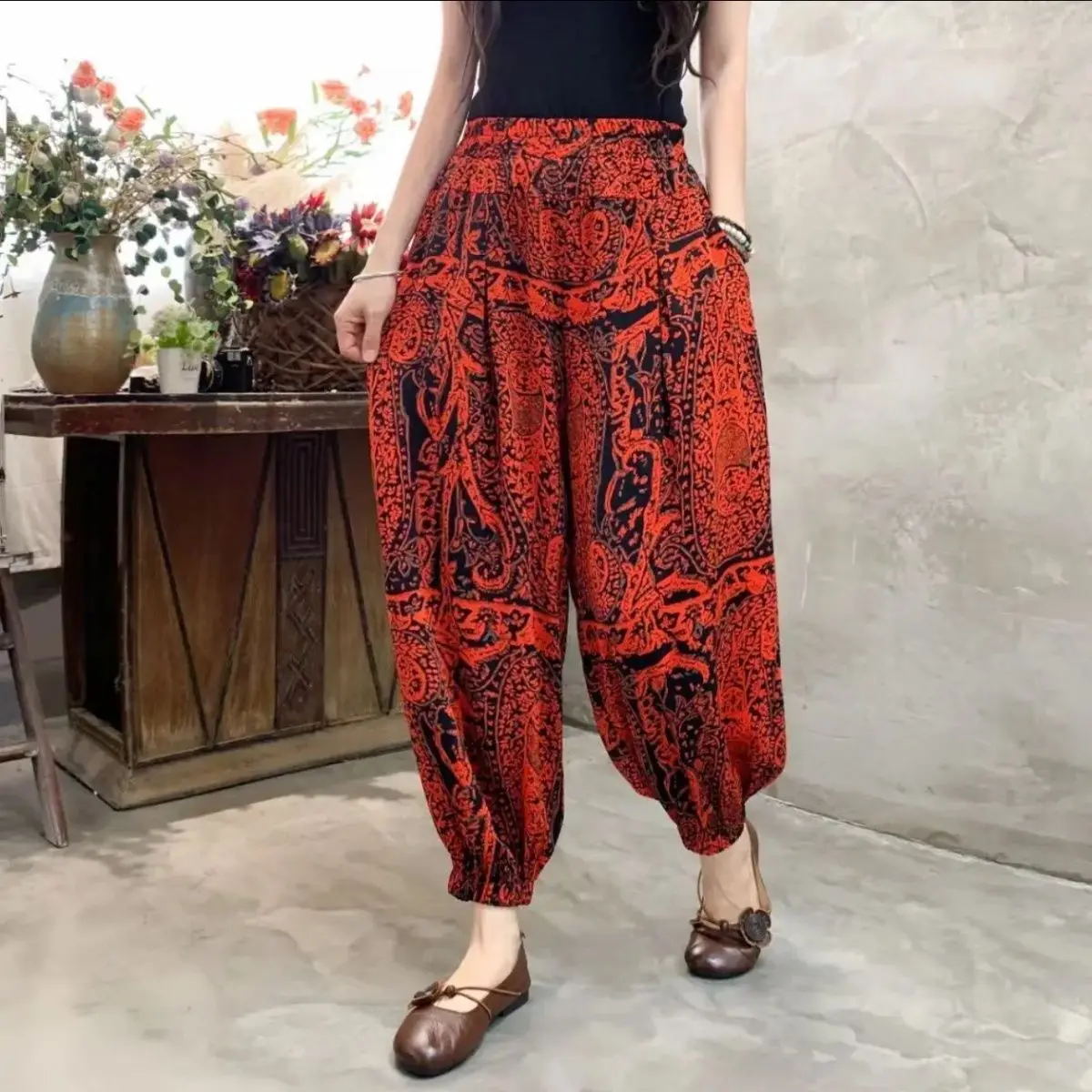 Pantalones bombachos con estampado de leopardo que combinan con todo para mujer, ropa informal holgada, a la moda de cintura elástica bombachos, novedad de otoño