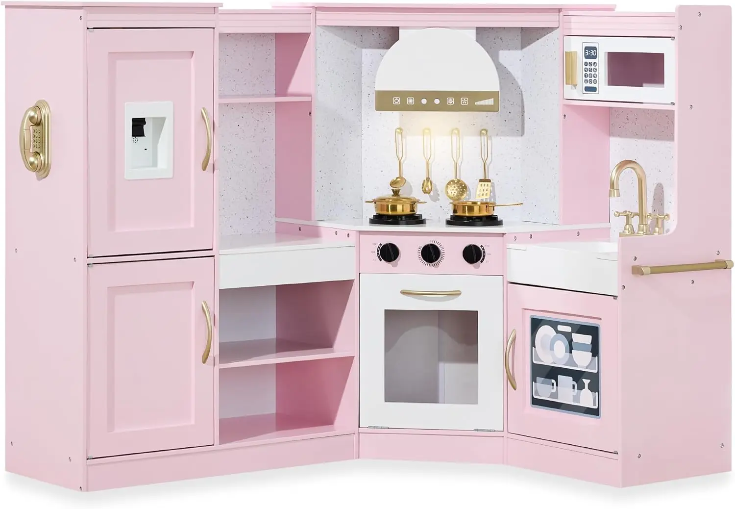 Play Kitchen For Kids, Wooden Children Kitchen Playset W/Coffee Maker, Oven, Stove, Sink, Apron, Ice Maker, Cookware, Kids Toy