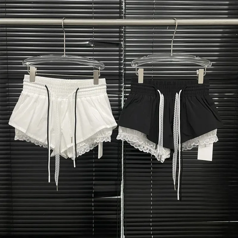 Fashion Women's Patchwork Lace Casual Shorts Niche Design Versatile High Elastic Waist Drawstring Short Pants  Womens Shorts