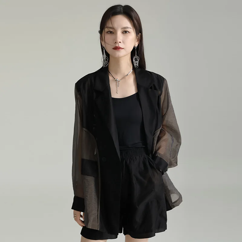 2023 Summer Suit Coat Luxury Set with Micro Transparent Spliced Sunscreen Clothing Shorts Fashion Women's Two Piece Set