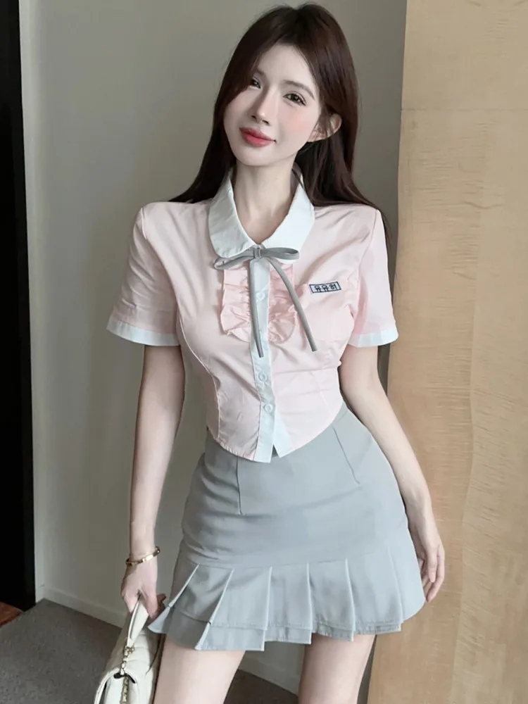 

Sweet And Spicy Knot Waist-Cinching Shirt Women's JK Uniform Set School Style Pleated High Waist Skirt