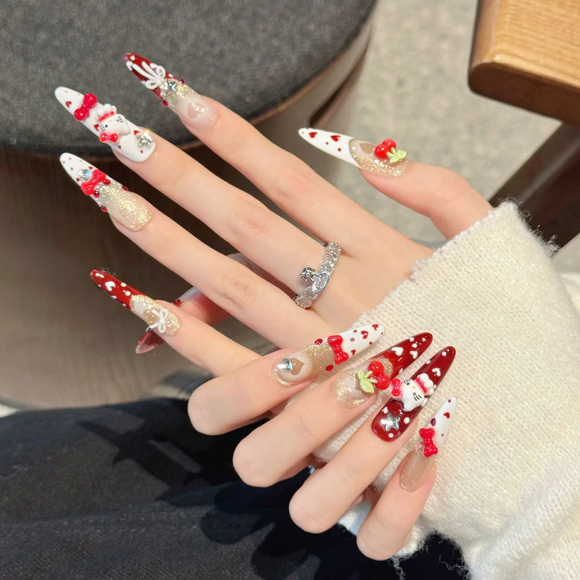 

YH001-39 ручной работы многоразовые 10 шт. пресс для ногтей мультфильм милая вишня кошка девушка сердце накладные ногти патчи