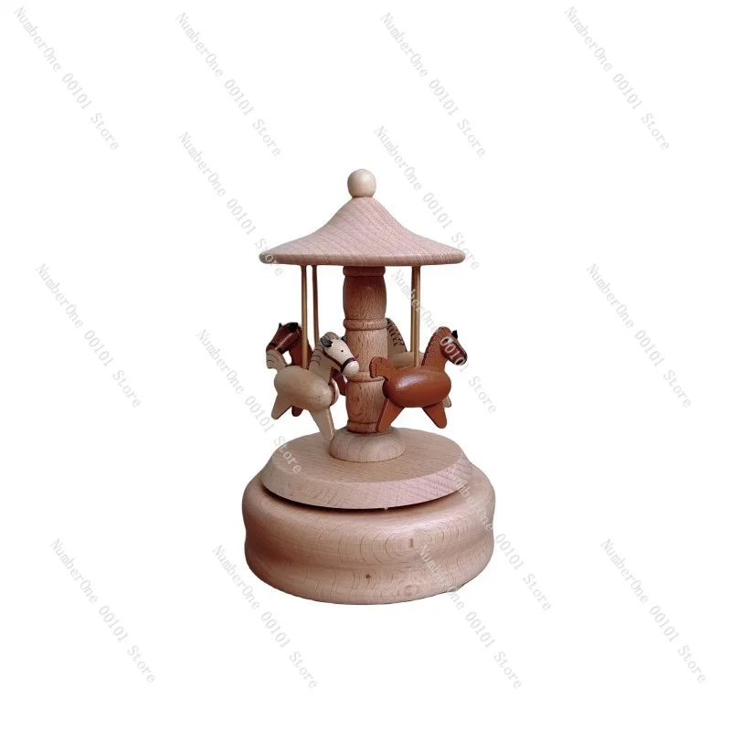 Elegant Wooden Carousel Music Box Handcrafted Merry Go Round Ornament Creative Birthday Gift for Girls Romantic Desktop Decor