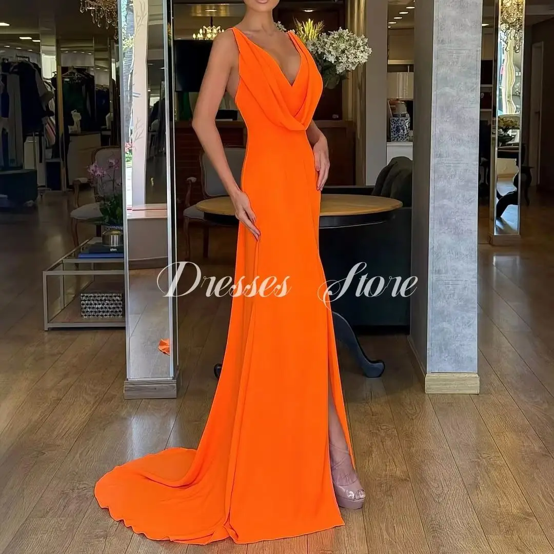 

Giyu 2025 Elegant V-Neck Orange Evening Gown فساتين سهرة Sleeveless Mermaid Pleat Prom Gown Floor-Length Customised