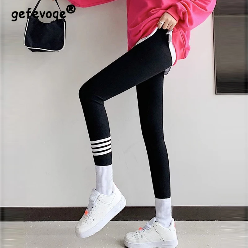 New Winter Women Korean Fashion Striped Plush Thick Warm Comfortable Leggings Female High Waist Skinny Stretchy Pants Pantalones