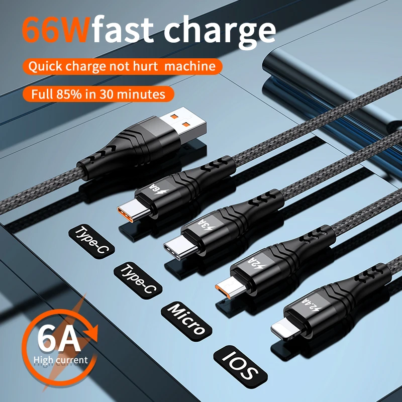 4 in 1 USB Type C Cable for iPhone 14 13 12 11 Pro Max Nylon 6A 66W 3 in 1 2 in 1 Type-C Micro USB Fast Charging Charge Cable