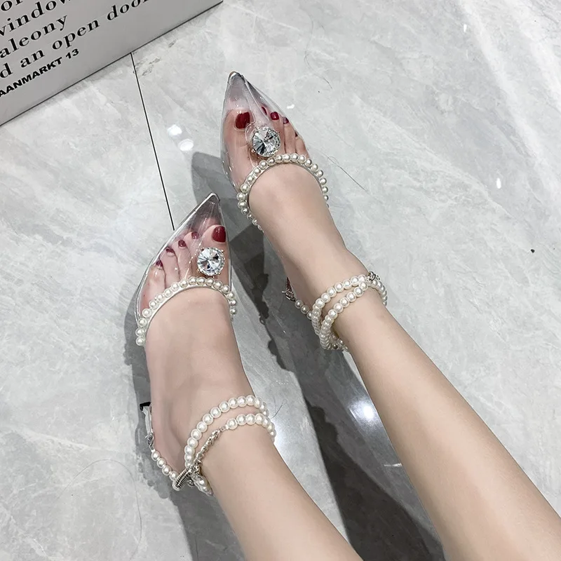 New Women Rhinestone Pearl Thin Heels Sandals Clear High Heels Sandals Transparent Crystal Party Shoes Heels for Women Bling