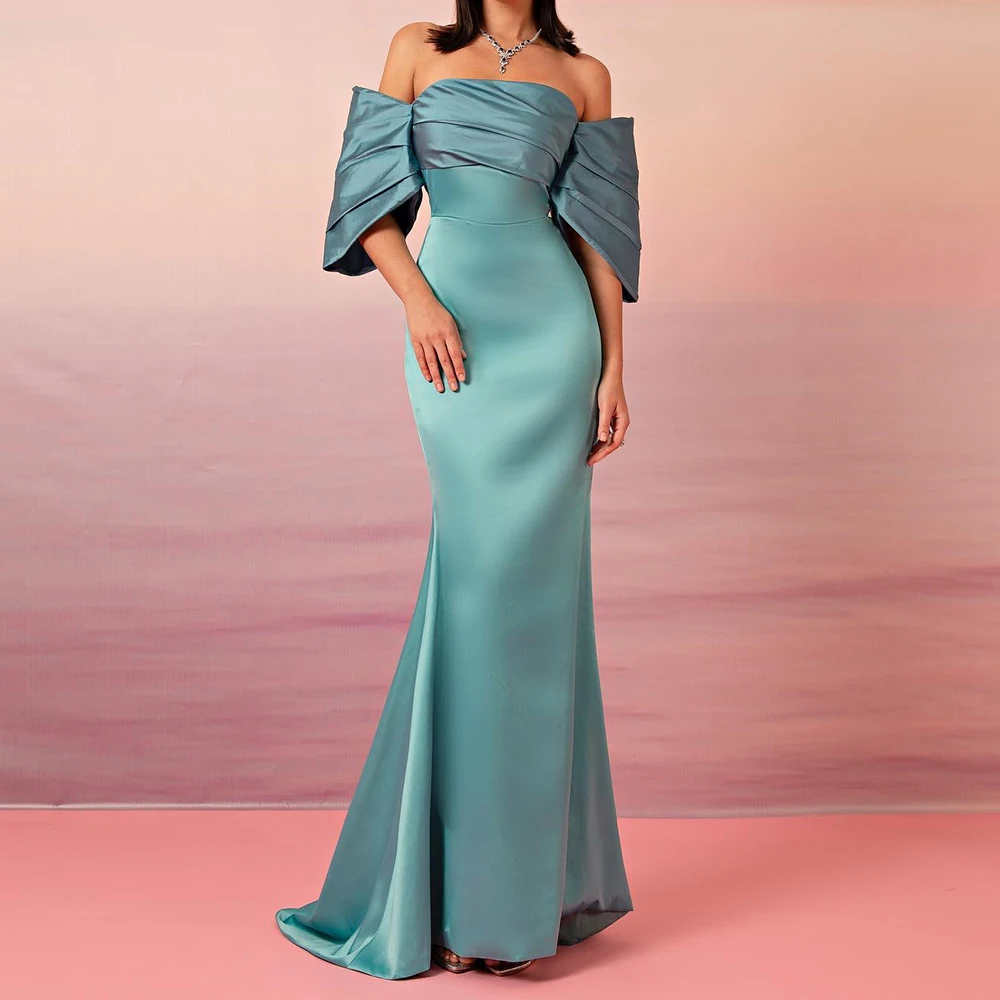 Customized Satin Mermaid Off the Shoulder Evening Dress Zipper Back Strapless Half Sleeves Floor Length Panel Train Delicate