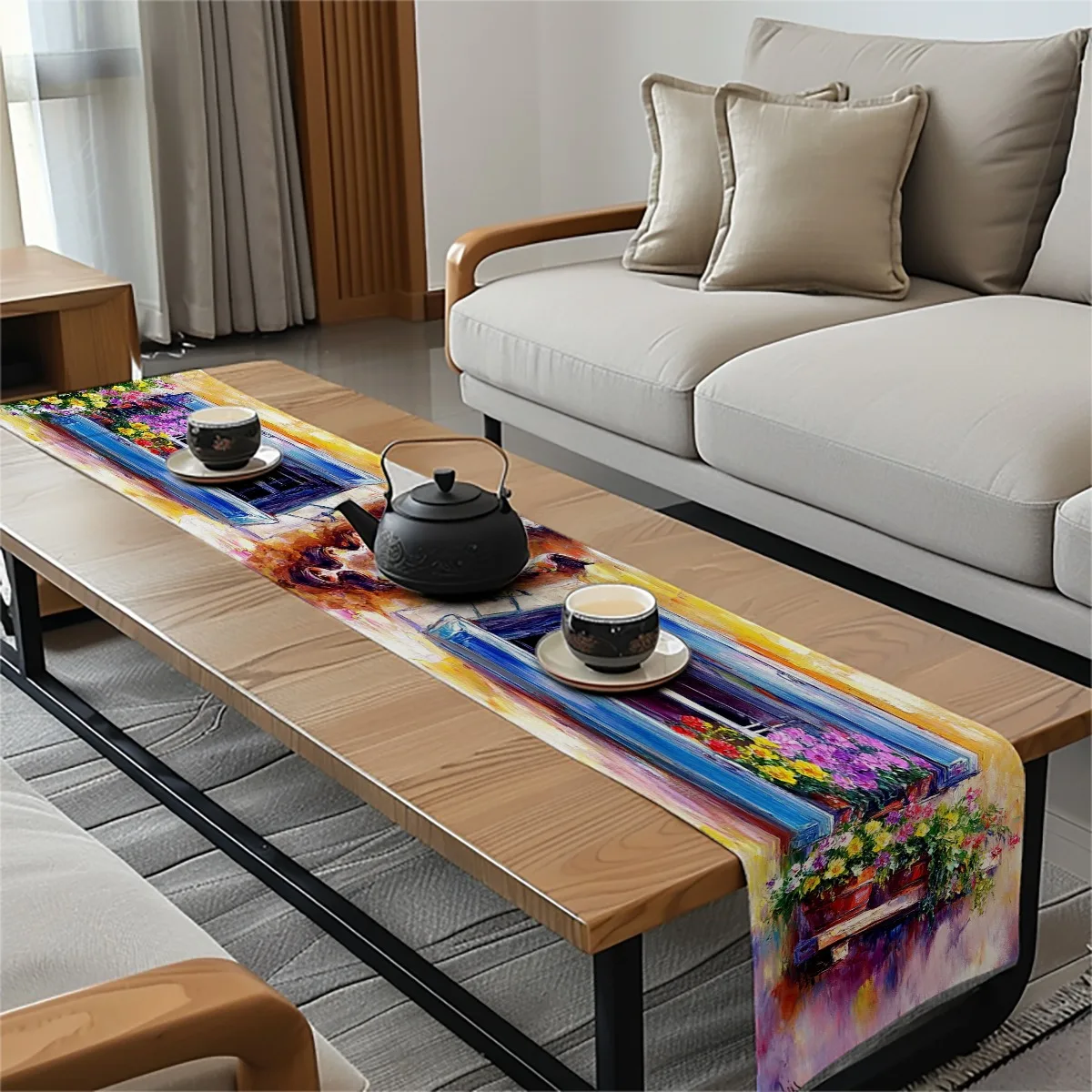 decorations table runner Window Box Flowers Floral Impasto Style Table Flag Kitchen Dining Gift,Holiday Decorations,Room Decor,S