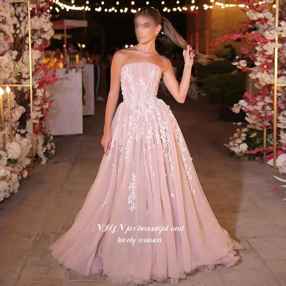 

NFYN Strapless Party Dress A Line Prom Dresses with Lace Applique Evening Dress فساتين مناسبة رسمي Customized