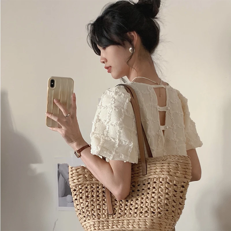 

Retro Ele Bubble Sve Hollow out ort Skirted Chiffon Top Women's ort Sve T-irt Summer Faion Lace irt
